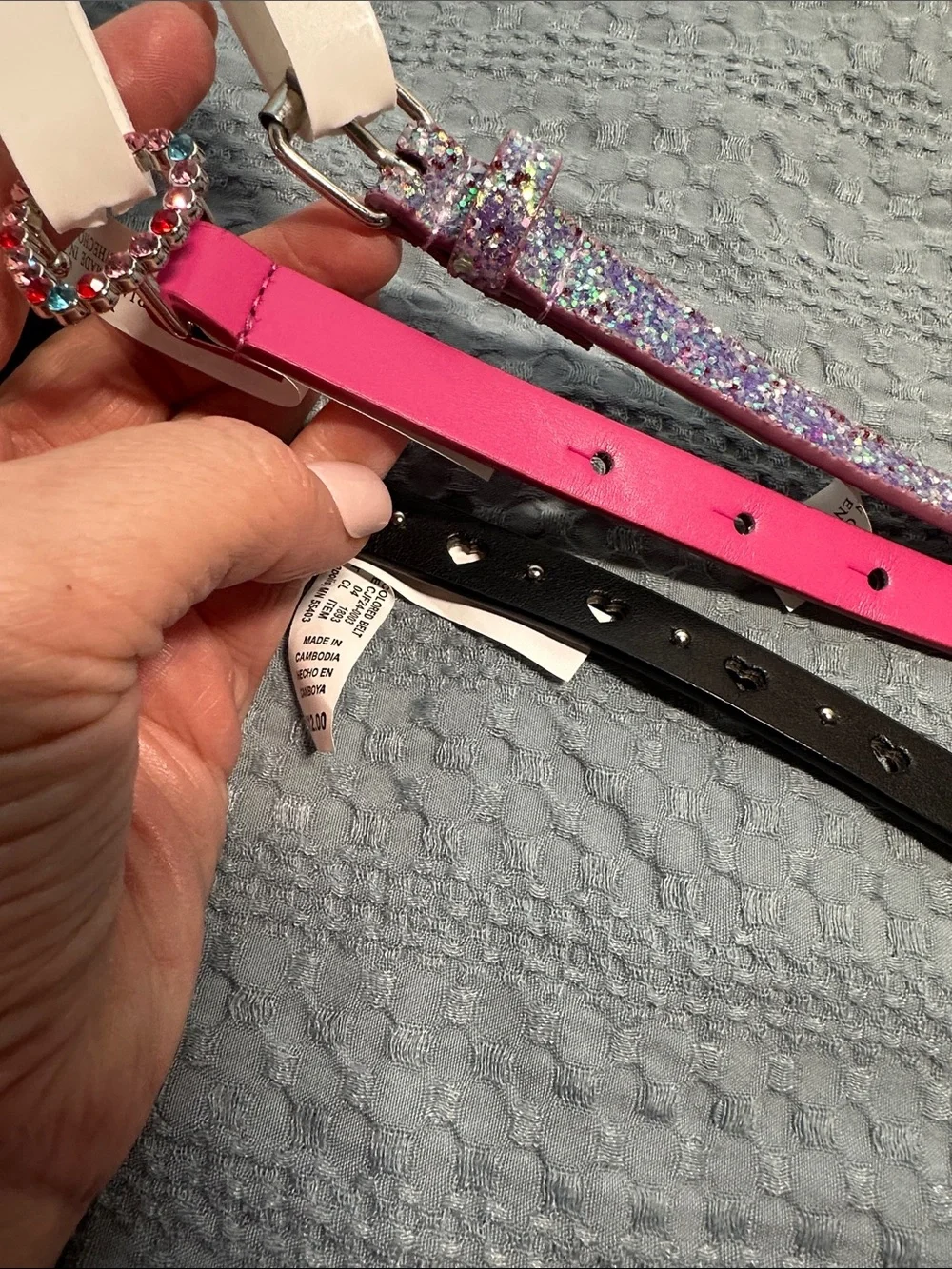 Cat & Jack Girls 3-Pack Belts — Black, Hot Pink & Glitter Purple Sz XL NWT